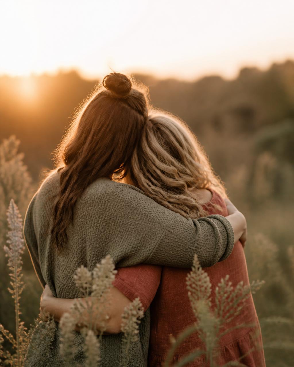 Two friends holding each other in a field at sunset